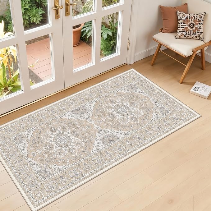RUUGME Entryway 2x4 Runner Rug: Washable Vintage Kitchen Rugs Non-Slip Low Pile Lightweight Carpet for Hallway Bedroom Soft Thin Stain Resistant Floor Mat for Bathroom Laundry Room (Beige/Cream,2x4)
