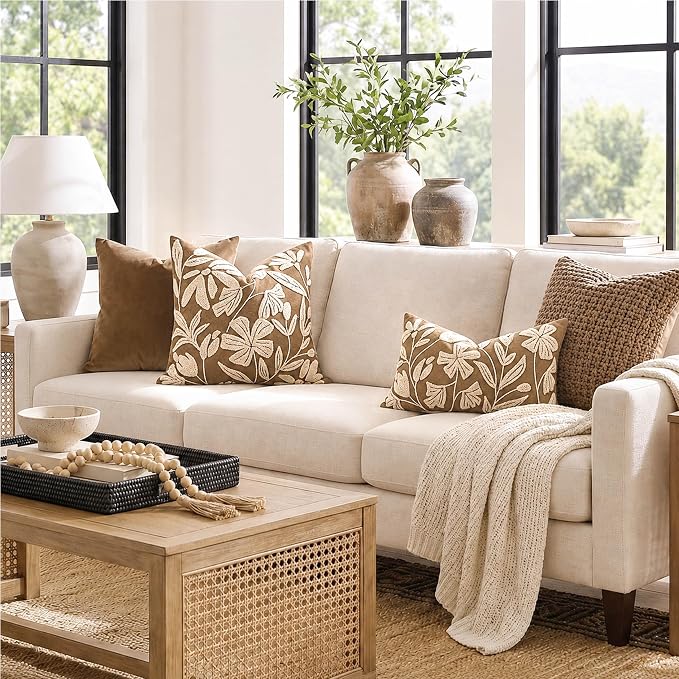 BlissBlush 20x20 Throw Pillow Cover, Square Brown Decorative Cushion Cover for Couch Sofa, Embroidered Velvet Farmhouse Accent Pillowcase (Cover Only)