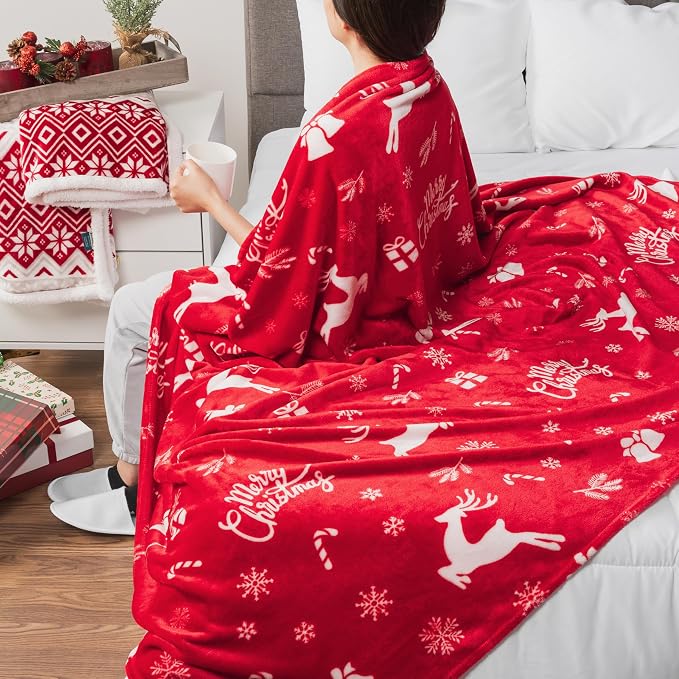 PAVILIA Christmas Throw Blanket | Holiday Christmas Reindeer Snowflakes Fleece Blanket | Soft, Plush, Warm Winter Cabin Throw, 50x60 (Red Reindeer)