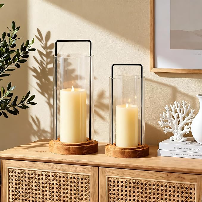 Houmury Set of 2 Hurricane Candle Holders Lantern 12” & 10”with Wood Base Metal Handle Glass Cylinder Modern Farmhouse Decor for Home Decoration, Table Centerpieces (Warm Amber Brown)