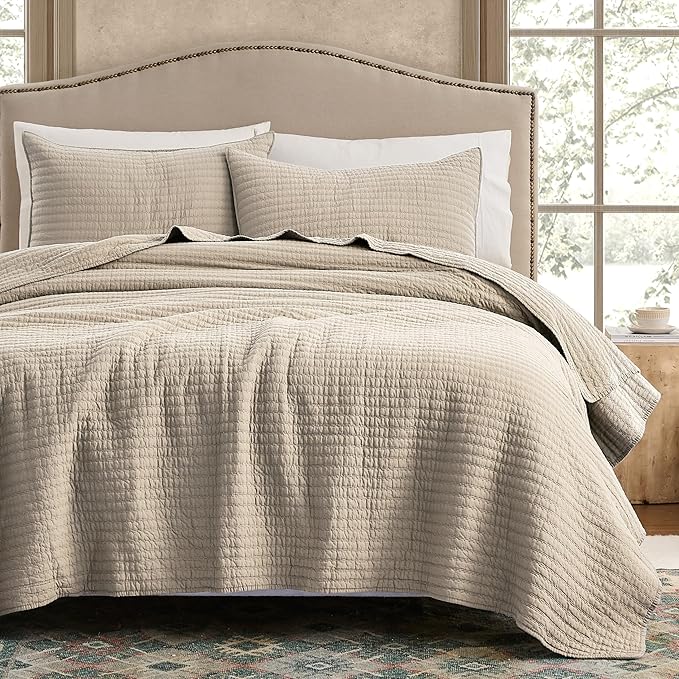 WDCOZY 100% Cotton King Size Quilt Set - Beige Neutral Striped Pick Stitch Soft Lightweight Bedspread, Textured Like Linen, Farmhouse Country Rustic Coverlet, Shabby Chic Gauze Bedding, 3 Pieces