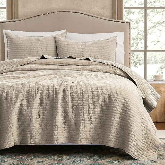 WDCOZY 100% Cotton King Size Quilt Set - Beige Neutral Striped Pick Stitch Soft Lightweight Bedspread, Textured Like Linen, Farmhouse Country Rustic Coverlet, Shabby Chic Gauze Bedding, 3 Pieces