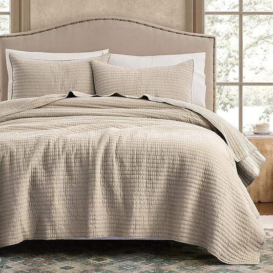 WDCOZY 100% Cotton King Size Quilt Set - Beige Neutral Striped Pick Stitch Soft Lightweight Bedspread, Textured Like Linen, Farmhouse Country Rustic Coverlet, Shabby Chic Gauze Bedding, 3 Pieces