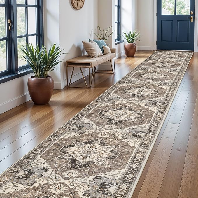 Washable 3x25 Long Hallway Runner - Non-Slip Stain Resistant Kitchen Rug Distressed Mats Low Plie Soft Ultra Thin Room Floor Carpet for Living Room Dining Room(Beige,3x25)