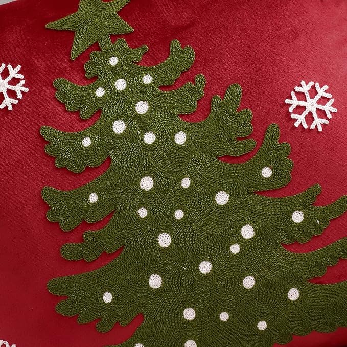 LUOYEHK Red Christmas Pillow Covers 18x18 Set of 2 Xmas Tree with Snowflakes Decorative Pillow Cases Winter Holiday Velvet Embroidered Cushion Covers for Couch Sofa Bed
