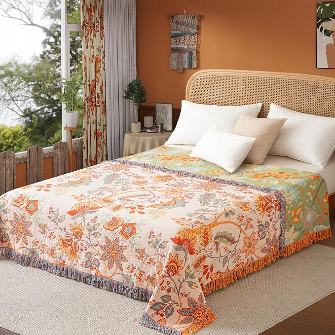 Phuryllic Boho Throw Blanket Twin Size, Soft Cozy Cotton Muslin Quilt Blanket for Bed Decor, Floral Patterned Couch Sofa Chair Cover, Vintage Farmhouse Cottage Tapestry Woven Blanket, Coral&Green