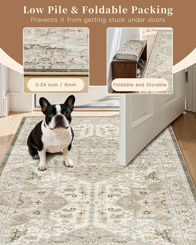 Madane Kitchen Runner Rug 2x7 with Rubber Backing Non Slip, Ivory/Brown | Vintage Ultra-Thin Machine Washable Hallway Rugs 7 ft, Soft Low-Pile Throw Carpet Runners for Bedroom Bathroom Laundry Room