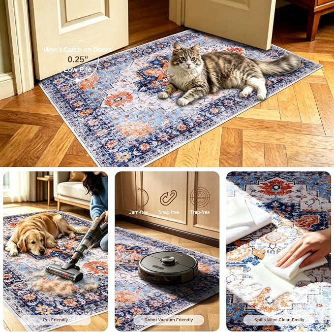 Blue 3x5 Entryway Rug, Non Slip Indoor 3x5 Washable Rug | Soft faux wool, machine washable & stain resistant. Non-slip rubber backing, low pile. For entryway, kitchen, hallway.