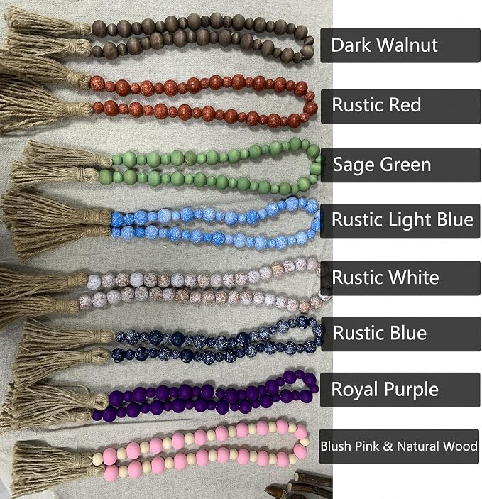 Handcrafted Farmhouse Wooden Decorative Beads Garland, Table Tray Boho Wood Beads with Tassel, Small Rustic Antique Decor for Home and Events (Sage Green)
