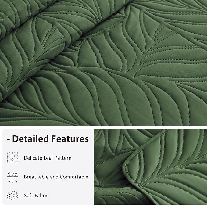 EXQ Home Quilt Set King Size Olive Green 3 Piece,Lightweight Soft Coverlet Modern Style Leaf Pattern Bedspread Set(1 Quilt,2 Pillow Shams)