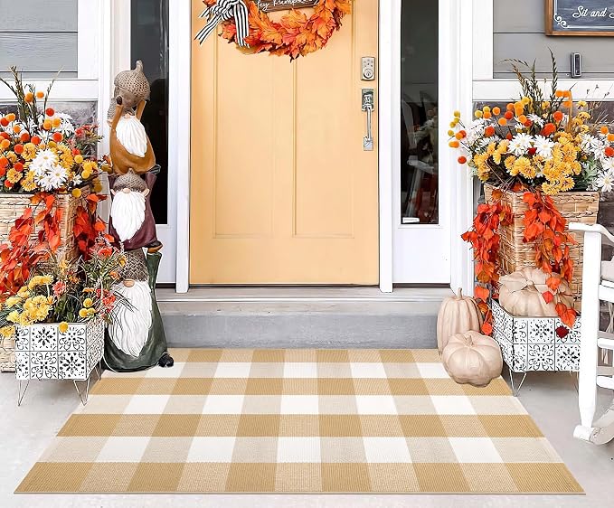 Front Door Mat Outdoor Entrance 27.5''x 43.3''Checkered Porch Rug Cotton Washable Farmhouse Layered Doormat for Indoor/Outdoor, Kitchen, Entryway,Bathroom