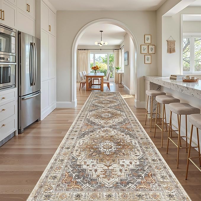 Madane Hallway Runner Rug 3x16 Washable Kitchen Runners Long, Turmeric/Grey | Vintage Non-Slip Wide Area Rugs 16ft for Entryway, Soft Thin Low-Pile Farmhouse Indoor Floor Carpet for Living Room Bedroom