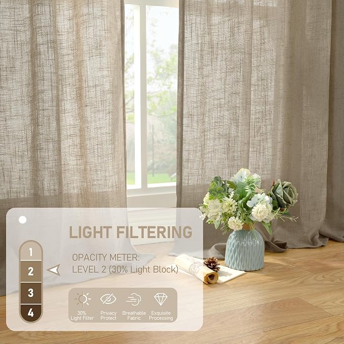 Sheer Linen Curtains 96 inches Long 2 Panels Set for Living Room | Light Filtering Panels, Rod Pocket Back Tab, Floor to Ceiling Curtains for Bedroom, Sliding Glass Door, Taupe, 52 x 96 Inch