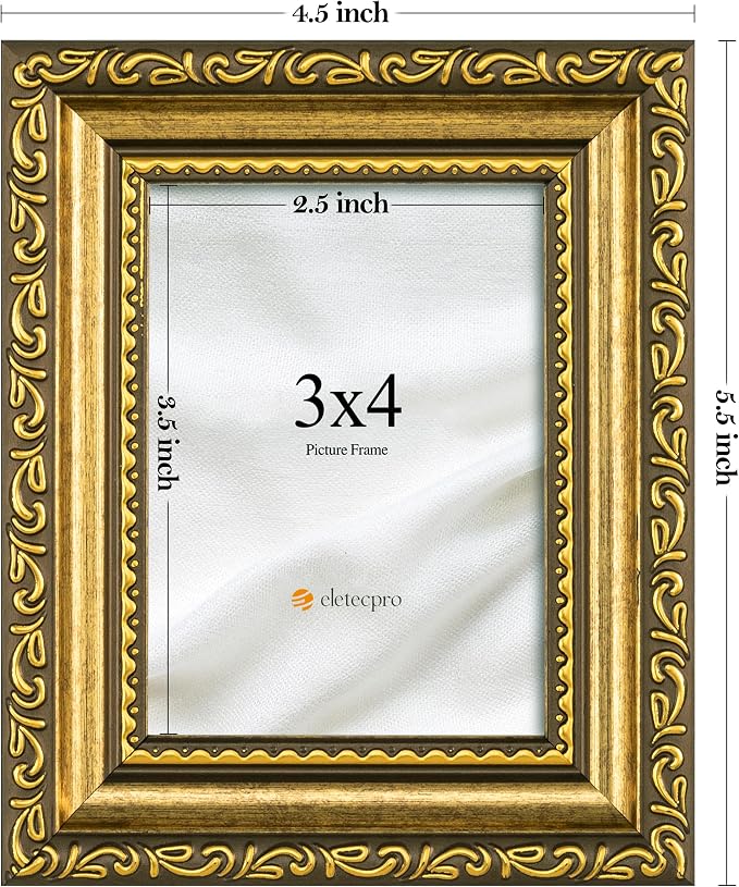 eletecpro 3x4 Vintage Picture Frame, Glass Cover, Gold, 2-Pack