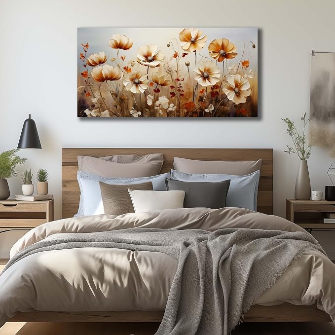 DNIEOTU Flower Canvas Wall Art for Living Room, Floral Wall-Decor for Bedroom, Beige and Brown Picture Prints for Hallway Office, Size 47 x 24 Inches