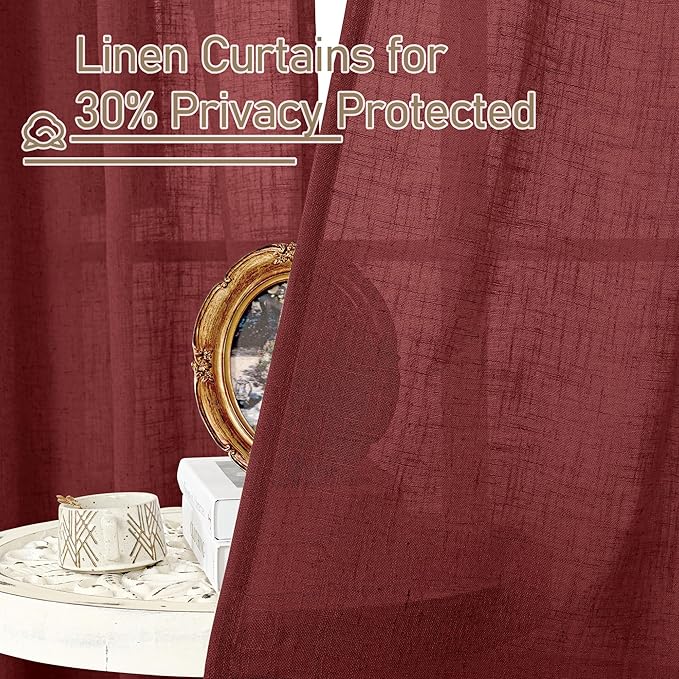 Burgundy Red Linen Curtains 30 Inch Length for Cafe Small Window | Semi Sheer, Light Filtering Panels, Drapes for Basement, Half Windows, Cafe, Rod Pocket Back Tab, 34 x 30 Inch, 2 Panels