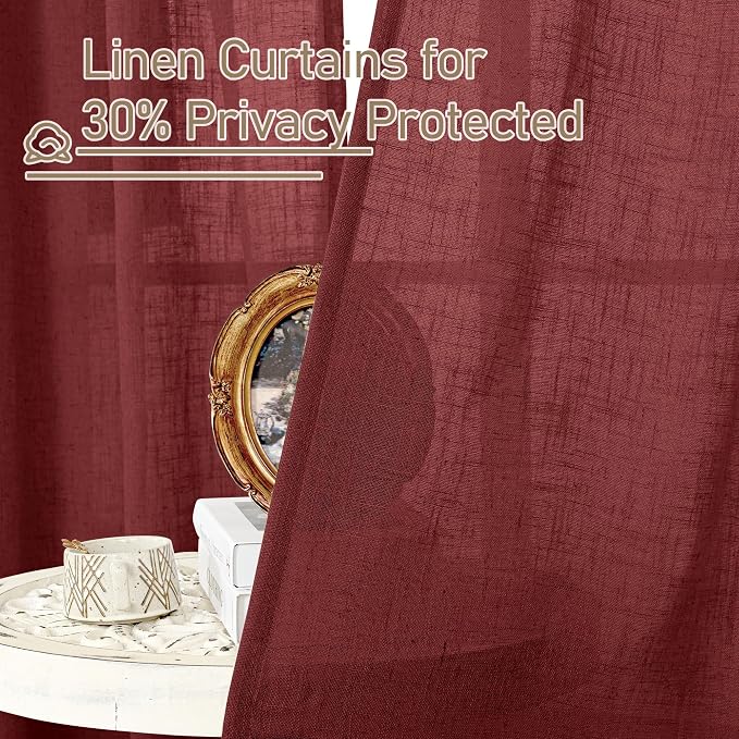 Burgundy Red Linen Curtains 45 Inch Length for Bedroom 2 Panels | Semi Sheer, Light Filtering Panels, Rod Pocket Back Tab, Christmas Decor Drapes for Kitchen, Window, Loft Room, 34 x 45 Inch