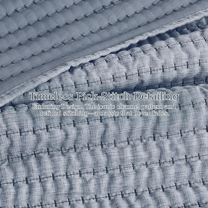 WDCOZY Chambray Pick Stitch King Size Quilt Set, Denim Blue Striped Lightweight Soft Summer Spring Bedspread, Bamboo Linen Like Textured Coverlet, Farmhouse Country Rustic Bedding, Thin Comforter