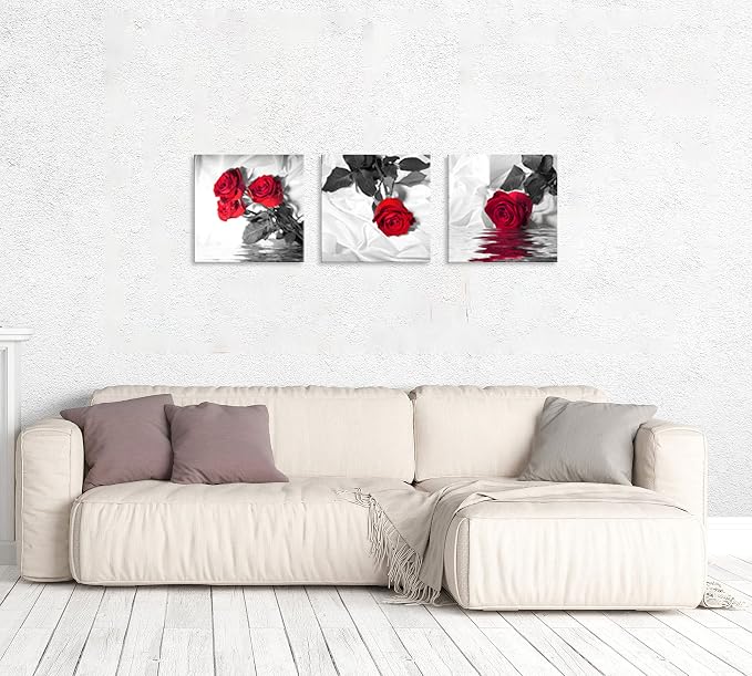 NAN Wind Canvas Print 3 Pcs Black and White Red Rose Canvas Art Painting Abstract Wall Art Decorations Flower Picture on Canvas for Home Decor Stretched and Framed (20X20inchX3pcs, Red Rose)