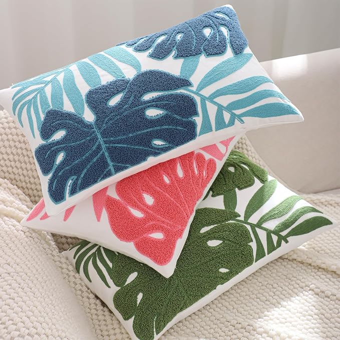 Embroidered Throw Pillow Covers 12x20 Pack of 2 Pink Botanical Leaf