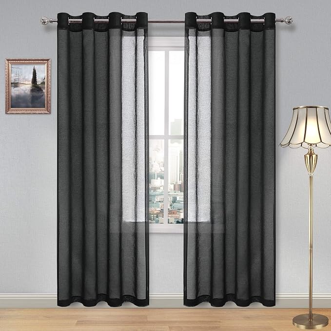 DWCN Sheer Curtains Faux Linen Sheer Voile Window Curtain for Living Room and Funeral/Gothic Wedding Grommet Black Drapes 52 x 84 Inch Long, 1 Pair, Set of 2 Panels