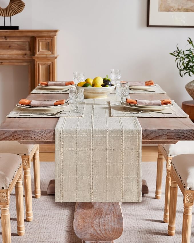 ZeeMart Linen Checked Farmhouse Table Runner, 13x90 Inches Neutral Beige | Raised Grid Design, Rich Woven Texture, Linen Blend Table Runners 90 Inches Long, Machine Washable, Boho Home Kitchen Decor