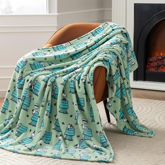 Berkshire Peanuts® VelvetLoft® Cute Character Snoopy Plush Throw Blanket,Regular Snoopy Dog House Poses & Paws Closed in Sage,Throw 55 in x 70 in (Official Peanuts® Product)