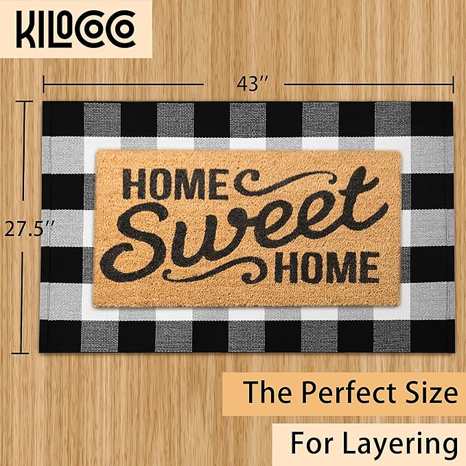 KILOCOCO Buffalo Plaid Checkered Rug 27.5x43 in Black White Front Door Rug | Cotton Woven Outdoor Rug, Machine Washable Front Door Mat, Indoor Entryway Rug, Low Pile Welcome Mats for Farmhouse