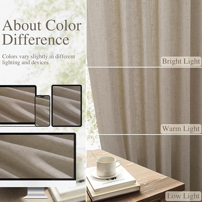 Linen Curtains 96 Inches Long for Living Room Back Tab Semi Sheer Floor to Ceiling 8ft Light Filtering Curtain Boho Farmhouse Decor Window Drapes for Bedroom 52x96 2 Panels Cobblestone