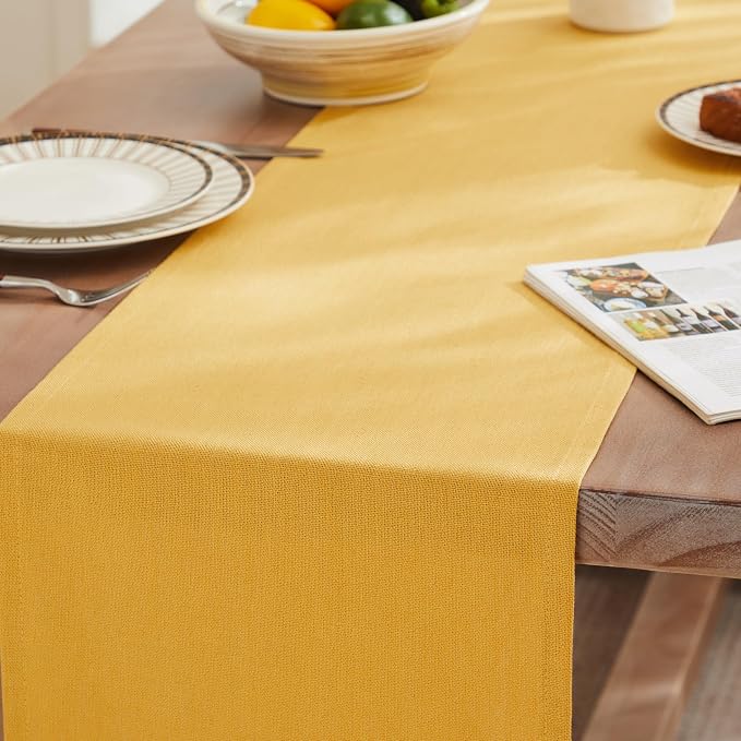 ZeeMart Rustic Cotton Linen Table Runner, 13x108 Inches Yellow | Farmhouse Style Linen Table Runners 108 Inches Long, Washable Kitchen Dining Table Decoration for Home Party Decor