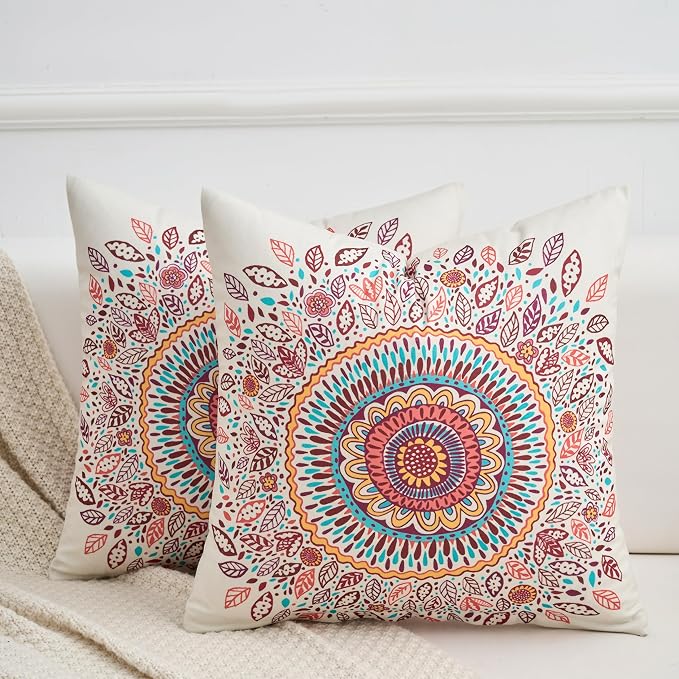 Boho Throw Pillow Covers 18X18 Inch Set of 2 Bohemian Soft Velvet Couch Pillow Cases Farmhouse Decorative Pillow Covers for Sofa Living Room Bedroom Outdoor Patio Porch Mandala Bloom
