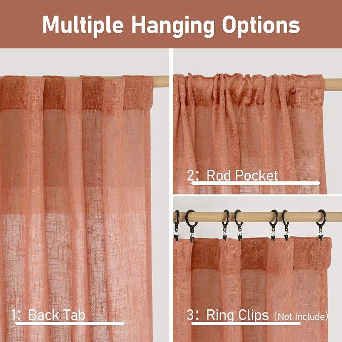 Terracotta Sheer Linen Curtains for Bedroom Living Room 2 Panels | 84 Inch Length, Light Filtering, Semi Sheer Panels, Fall Decor Drapes for Living Room, Rod Pocket Back Tab, 34 x 84 Inch