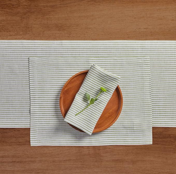 Solino Home 100% Linen Table Runner, 14 x 144 in, Avocado and White Striped | Narrow Stripe, styles dining tables for meals and celebrations, woven stripe, European flax fibres, soft, OEKO-TEX Certified