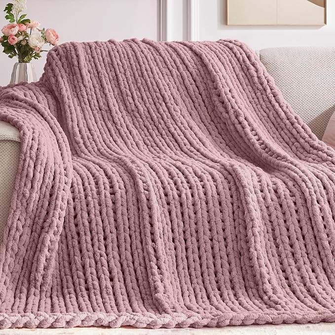 Negwoo Chunky Knit Throw Blanket, Knitted Throw Chenille Yarn, 50"*60" | Soft Thick Cable Knitted Blankets, Handmade Big Thick Blanket, Machine Washable Cute Comfy Blanket for Home Decor, Muted pink