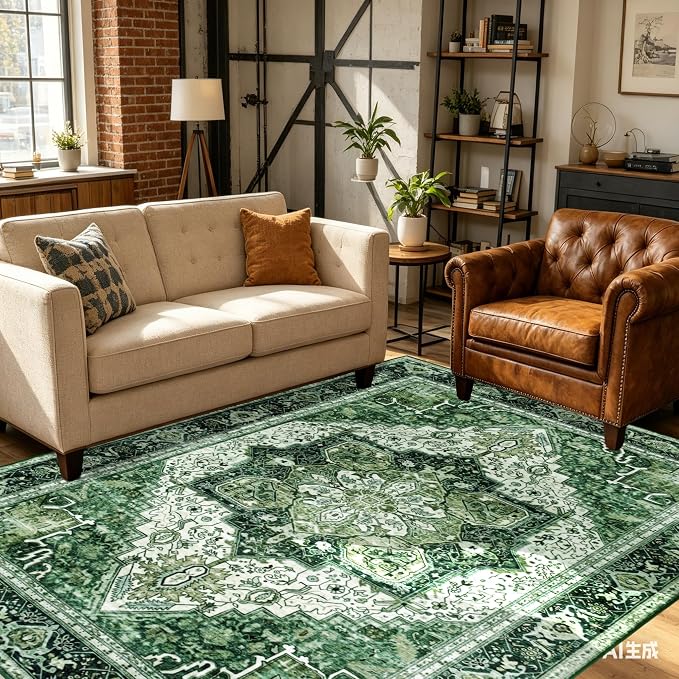 Green 5x7 Washable Rug for Living Room, Non Slip Carpet for Bedroom | Soft faux wool, machine washable & stain resistant. Non-slip rubber backing, low pile. For living room, bedroom, office.