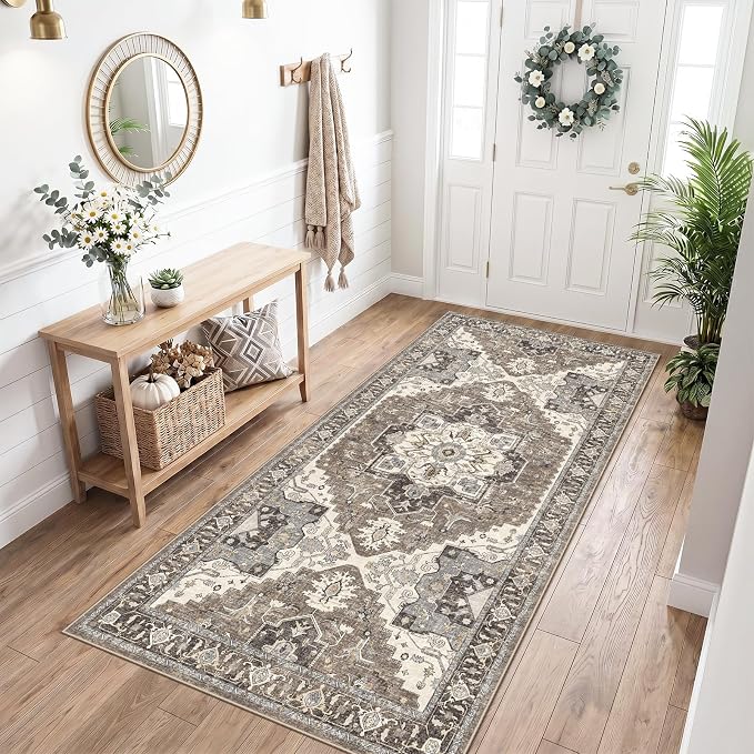Hallway Washable 3x7 Runner Rug: Non-Slip Kitchen Rugs with Rubber Backing for Entryway Living Room Vintage Low Pile Stain Resistant Carpet for Bedroom Soft Thin Home Decor Mat for Bathroom(Beige,3x7)