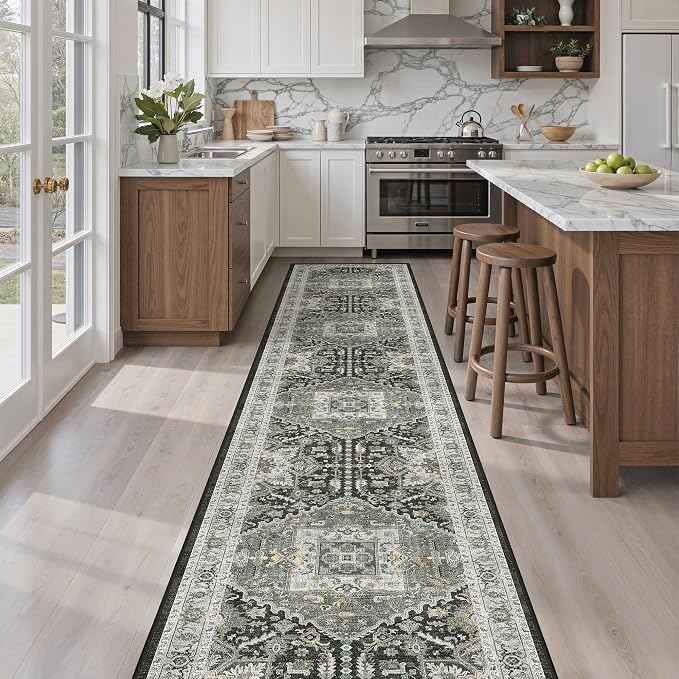 Madane Washable Runner Rugs 2x10 for Hallway Kitchen Grey Green/Black Olive | Non-Slip Low-Pile 10ft Rug Runners Soft, Stain-Resistant Floor Carpet Mat for Entrance, Living Dining Laundry Room, Stair
