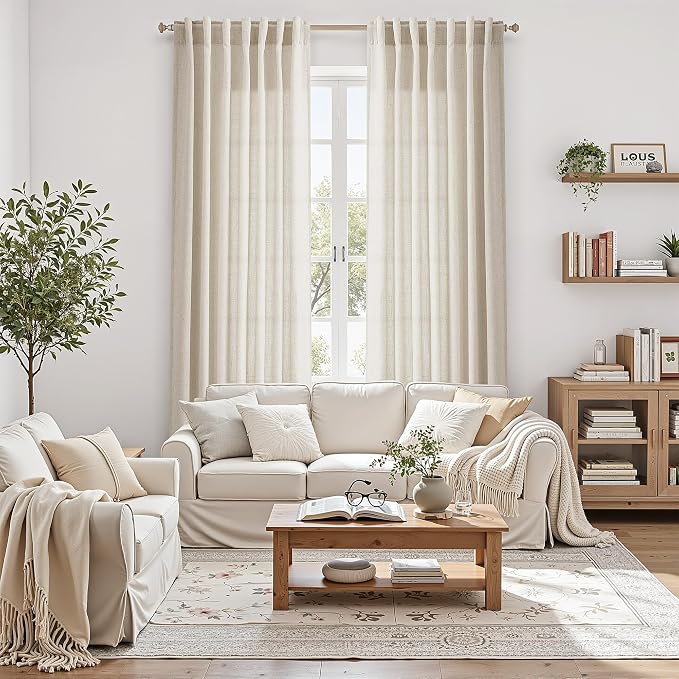 Warm Beige Linen Curtains 63 Inches Long 2 Panel Sets for Living Room Bedroom Rod Pocket Back Tab Light Filtering Drape for Kitchen Window Short Protect Privacy Curtain Modern Farmhouse Decor 52x63