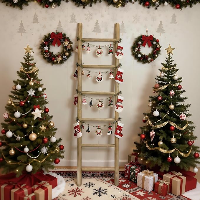 Wooden Blanket Ladder - 76in Natural & Motley Wood - Leaning Wall Decor for Bedroom, Bathroom, Living Room - Rustic Quilt Holder & Towel Rack (Brown, 76in | Pre Assembled)