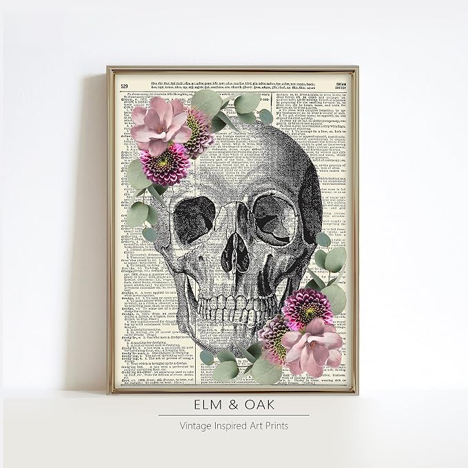 Anatomy with Eucalyptus and Butterflies, Vintage Dictionary Art Print, Floral Wall Art For Home Decor, Medical Art Print Poster, Wall Decor 8x10 Inches, Unframed (Skull (Eucalyptus Floral))