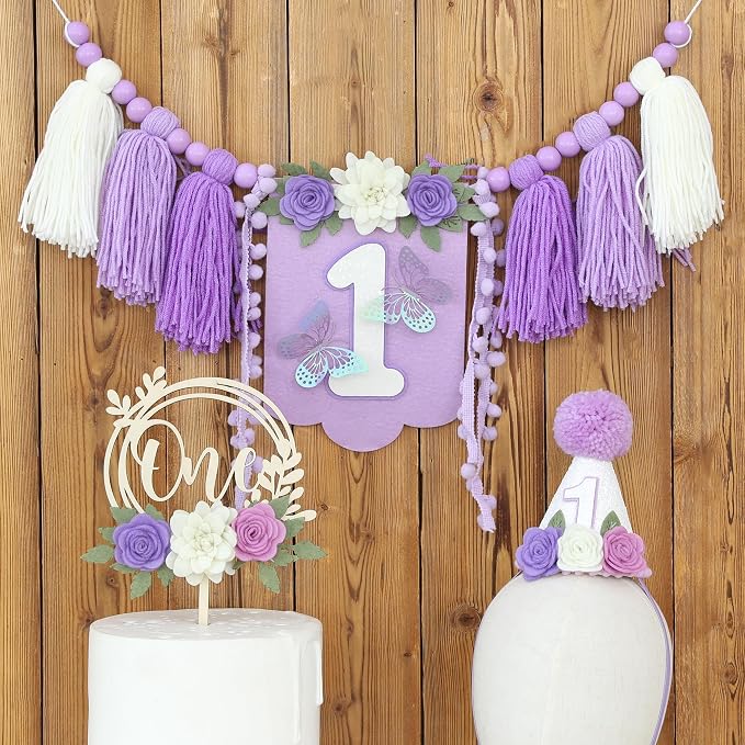 JUIIZAY Butterfly First Birthday Decorations for Girl Purple High Chair Banner One Flower Cake Topper Floral Hat 1st Birthday Decoration Supplies