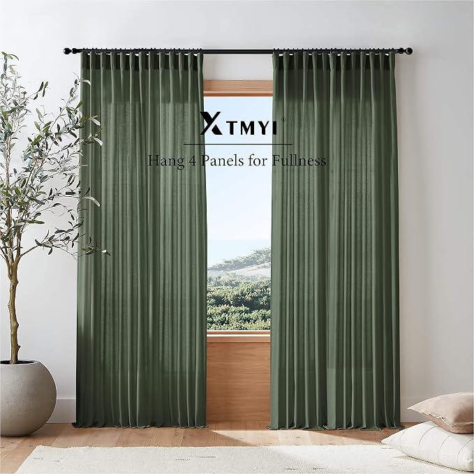 XTMYI 72 Inch Curtains Pleat,Boho Semi Sheer Curtains 72 Inches Long,Window Sheers French Door Curtain Drapes 72 in Length 2 Panel Set for Bathroom Shower Bedroom Living Room,6 FT,Olive Green