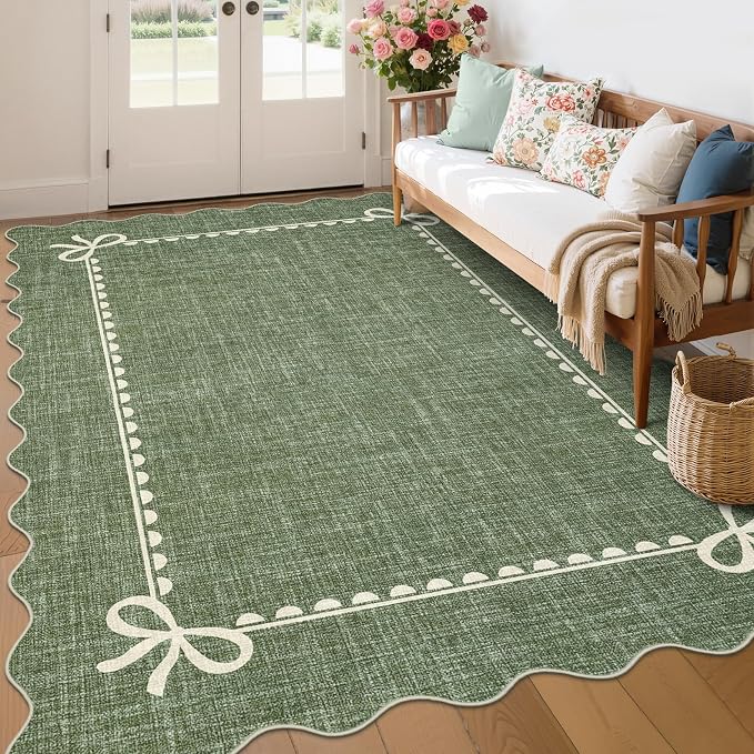COZYLOOM 6x9 Scalloped Rugs for Dining Room Washable Living Room Area Rug, Non Slip Stain Resistant Modern Bow Carpet Non Shedding Low Pile Soft Bordered Mats for Bedroom, Nursery, Office, Green