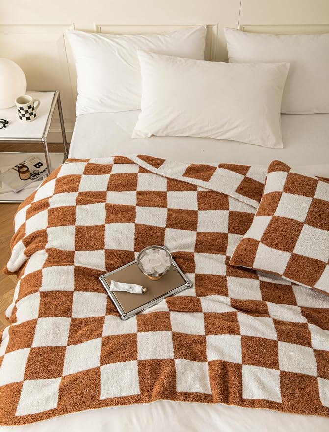 Ultra-Soft Buffalo Checkerboard Grid Fluffy Microfiber Knitted Throw Blanket Super Cozy Lightweight Checkered Bed Blanket for Sofa Couch Bed Khaki 51"X63"