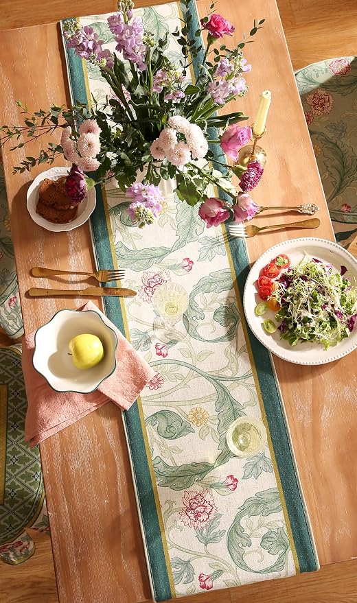 Patdrea Designer Vintage French Linen Table Runner,12"X71"-Cecilia A | Tablerunner 71 Inches Long,Green Floral Print,Decorative Runner for Dining Room Living Room Banquet,Tassel Edge