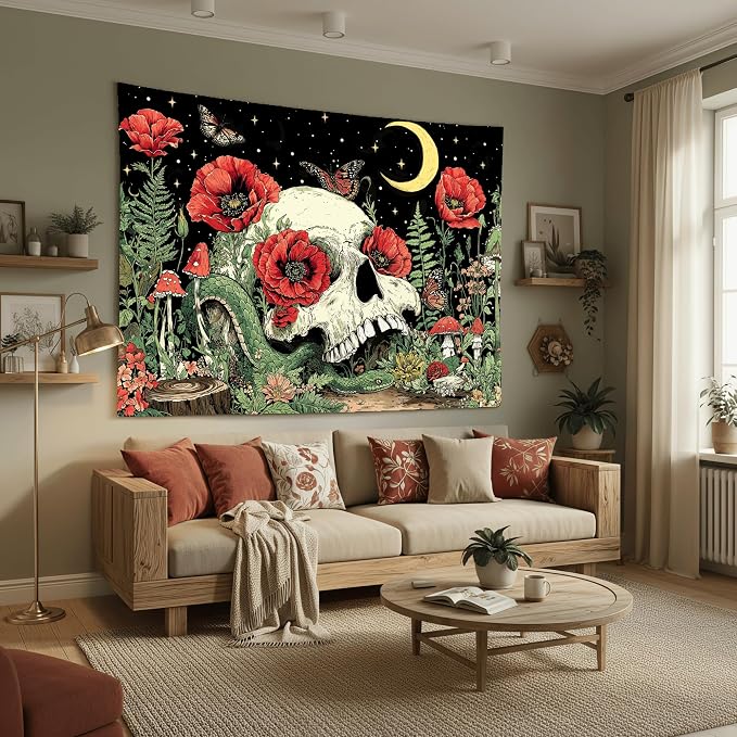 Accnicc Floral Skull Tapestry Vintage Flower Gothic Skeleton Tapestries Wall Hanging Mushroom Butterfly Plant Snake Horror Large Tapestry for Bedroom Living Room Dorm 80 x 60 inch