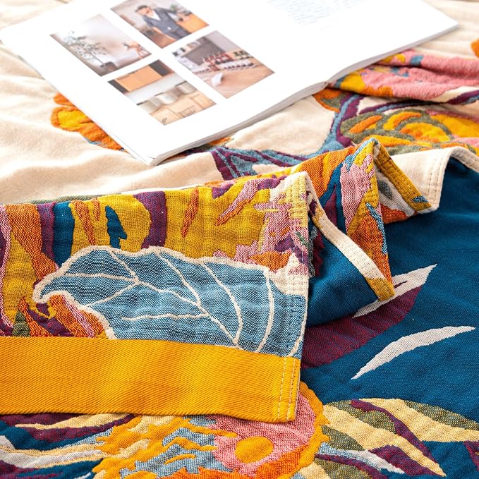 MSGKV Boho Throw Blanket 60"x80" 100% Cotton for Couch Bed, Summer Quilt | 100% Cotton Throw, Summer Blanket, Breathable Lightweight, Farmhouse Home Decor, Soft Comfort, Picnic Blanket