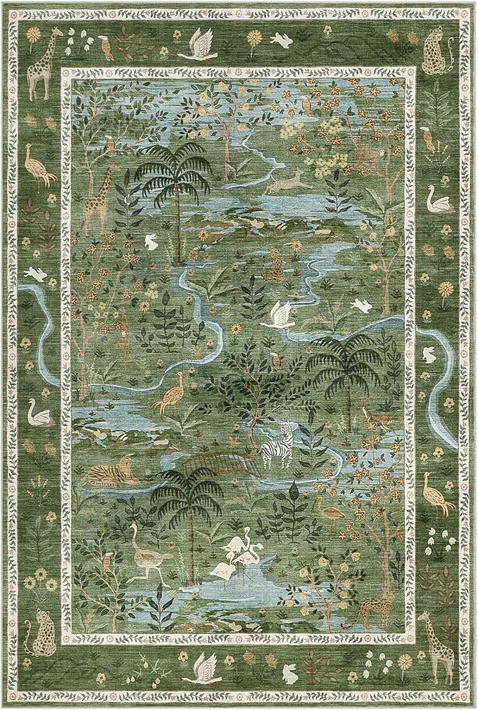 Washable Area Rug 5x7 Green Animal Print Rugs for Nursery Non Slip Stain Resistant Forest Fairy Tale Throw Carpet Low Pile Whimsical Safari Area Rugs for Entryway Girls Bedroom Dining Room, Green