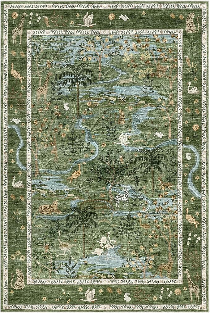 4x6 Whimsical Safari Nursery Area Rug Washable Non Slip Small Living Room Rugs Low Pile Animal Print Girs Bedroom Green Throw Carpet Forest Fairy Tale Area Rugs for Entry Kids Room, Green