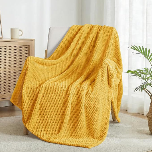Exclusivo Mezcla Large Waffle Fleece Throw Blanket for Couch, Mustard | Lightweight Soft Blanket for Sofa, Bed, Living Room, Plush Fluffy Throw for Home Decor, Travel, All Season, 50x70 Inches